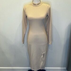 Bebe Beige mock-neck long sleeve bodycon with side split